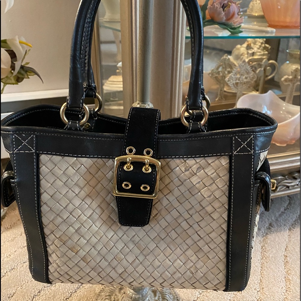Coach Hampton Straw Weave Leather Suede Satchel